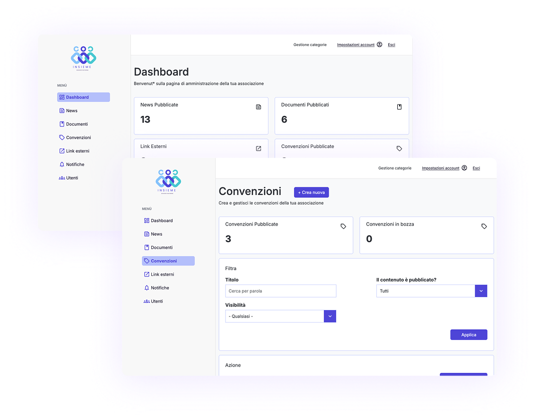 Interfaccia web di CommLine con pannello invio notifiche e gestione contenuti