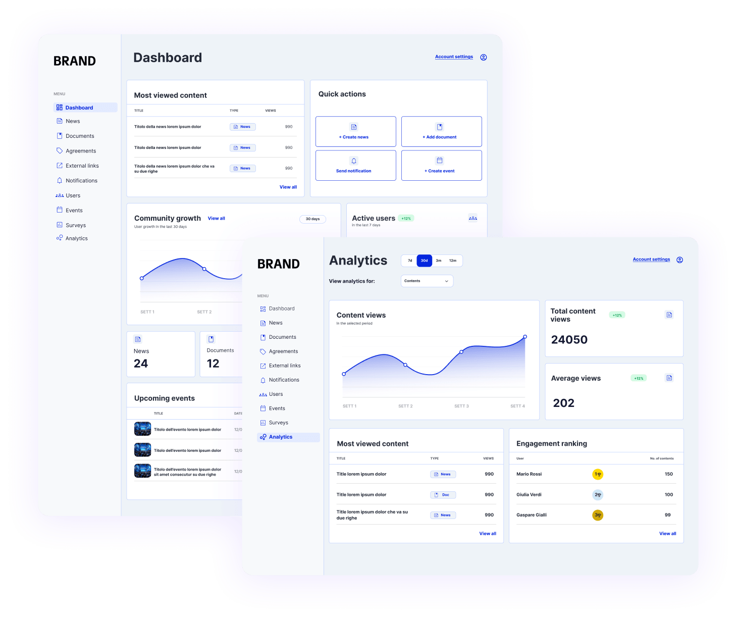 CommLine web interface with notification panel and content management