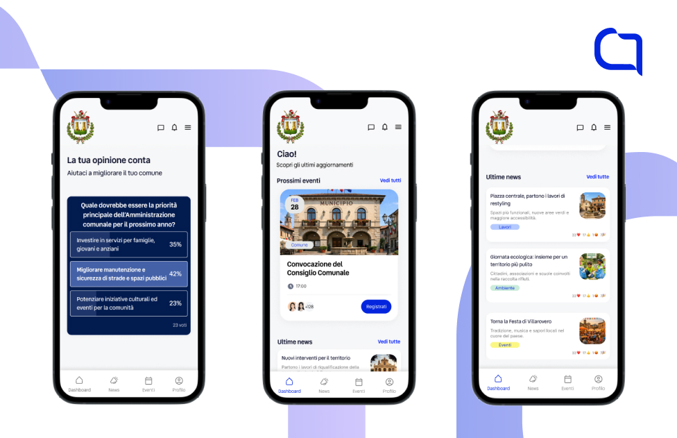 Tre schermate di cellulari in cui vengono mostrate le funzionalit&agrave; di CommLine: sondaggi, eventi, news